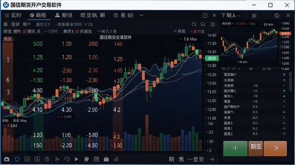 国信期货开户交易软件交易界面,显示买卖五档行情和下单面板,背景为动态的期货行情走势图,整体风格科技感强,色彩鲜明,突出实时交易的安全与稳定