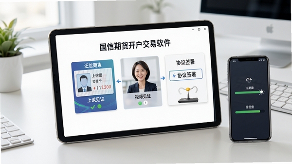 国信期货开户交易软件开户流程界面,展示身份证上传、视频见证、协议签署等步骤,背景为简洁的办公桌面,手机屏幕显示进度条,整体风格清爽明亮,突出便捷高效的特点