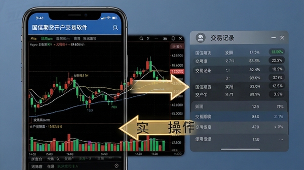 国信期货开户交易软件使用指南界面,展示K线图和交易记录,背景为手机截图和操作指示箭头,整体风格简洁易懂,突出实用性和指导性