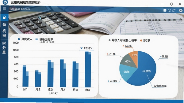蓝格机械租赁管理软件财务报表界面,柱状图与饼图展示月度收入与设备出租率,背景为办公桌面计算器与账本,整体商务风格