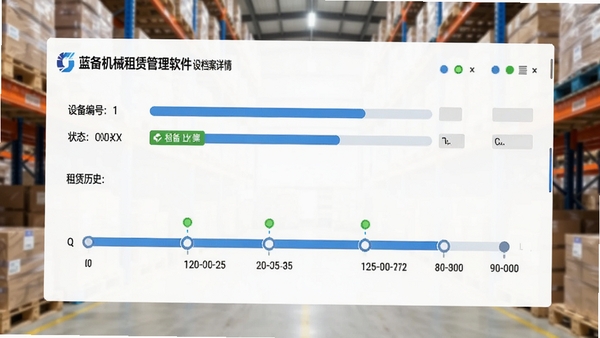蓝格机械租赁管理软件设备档案详情页面,展示设备编号、状态标签、租赁历史时间线,界面有蓝色进度条与状态指示灯,背景为仓库货架,整体明亮清晰