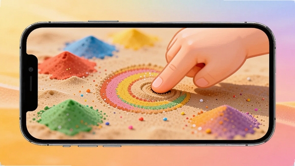 Sand Coloring 主界面展示,手机屏幕内呈现彩色沙画填色画面,背景为柔和渐变沙滩色,画面主体是正在用手指涂抹沙粒的卡通手,周围散落彩色沙堆,整体风格温馨治愈,高清渲染,适合应用商店截图展示
