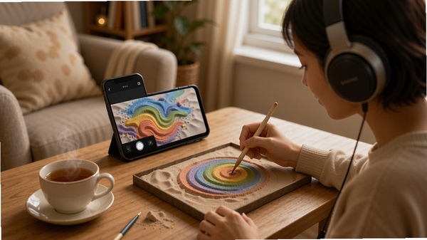 Sand Coloring 使用场景展示,用户戴着耳机在安静的环境中涂抹沙画,手机屏幕显示彩色沙画画面,周围环境温馨舒适,桌上有一杯热茶,整体氛围宁静放松,突出应用带来的沉浸式放松体验