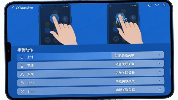 CClauncher手势设置界面,屏幕上半部分展示手指在屏幕上滑动的动画演示,下半部分为手势动作列表,包括上滑、下滑、双击等选项,每个选项右侧有功能关联设置,界面风格简洁现代,以蓝色为主色调,清晰展示手势配置逻辑。