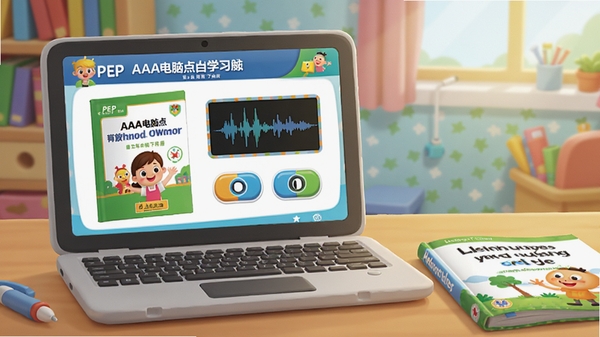 一幅温馨的儿童学习场景,书桌上摆放着笔记本电脑,屏幕显示AAA电脑点读学习软件PEP五年级下册的界面,界面中有课本封面、点读按钮和发音波形图,旁边放着英语课本和文具,背景是明亮的书房,色彩鲜艳,卡通风格,细节丰富