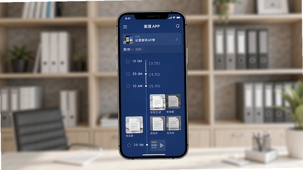 生图提示词:一部智能手机屏幕显示案理APP界面,界面以深蓝色为主色调,展示案件列表、时间轴和证据文件缩略图,背景是模糊的办公室书架,画面明亮清晰,突出软件的专业性和条理性,整体风格现代简洁,适配Boogu模型生成。