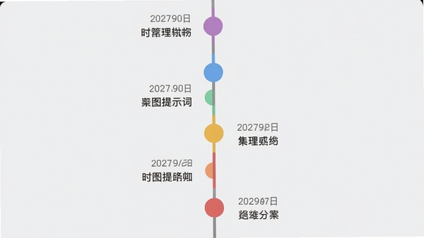 生图提示词:案理APP的时间轴功能预览图,画面显示一条竖向的时间线,线上分布着不同颜色的圆形节点,每个节点旁标注日期和事件名称,背景为浅灰色,突出时间线的清晰与美观,整体风格扁平化设计。
