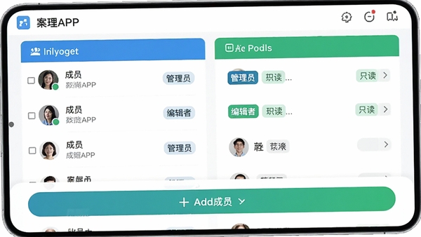 生图提示词:案理APP的团队协作界面预览图,屏幕显示成员列表和各自的权限标签(如管理员、编辑者、只读),底部有添加成员的按钮,界面使用蓝色和绿色作为功能区分,整体简洁易懂,体现多人协作的便捷性。