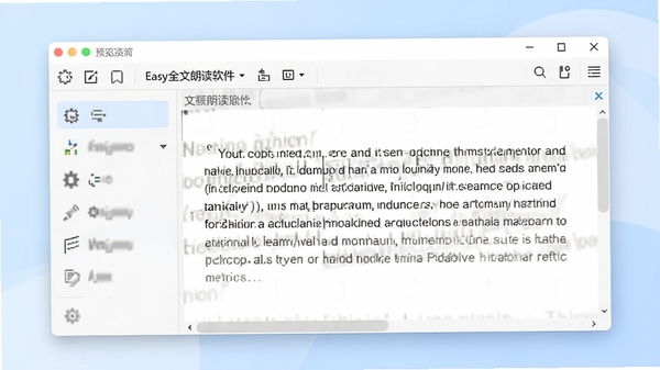 Easy全文朗读软件主界面预览图,展示其简洁的工具栏和正在朗读的文本窗口,背景为柔和的浅蓝色调,整体风格现代且清晰,适合作为软件介绍的首图
