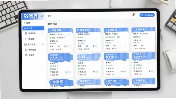 案理软件主界面截图,展示案件列表页,左侧为分类导航栏,右侧为案件卡片,整体风格简洁明亮,采用蓝白主色调,背景为浅灰色工作台,画面中突出“案理”Logo,适配Boogu模型生成