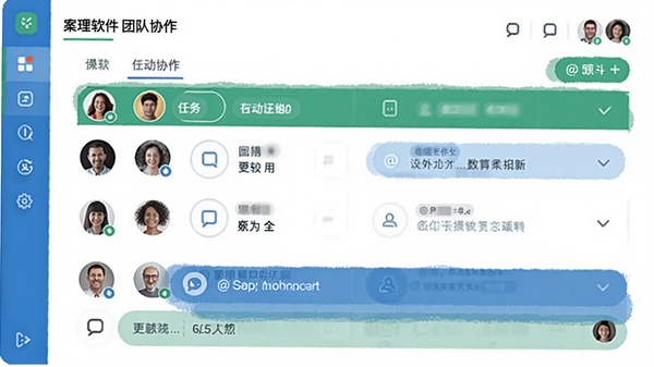 案理软件的团队协作界面,展示成员头像和任务分配列表,有评论区和@符号,背景为白色,界面元素采用绿色和蓝色,体现协作氛围