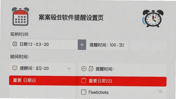 案理软件的提醒设置页面,显示日期选择器和提醒时间列表,有红色高亮标记重要日期,背景为浅灰色,整体界面简洁,重点突出日历和闹钟图标
