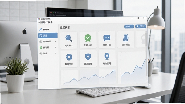e路同行软件主界面预览图,展示其简洁清爽的工具面板布局,背景为现代化办公桌面环境,前景突出软件窗口的友好设计感