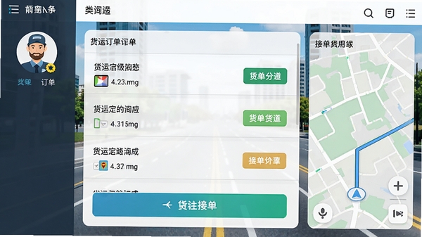 送货运货司机软件主界面截图,展示货运订单列表、接单按钮、司机头像和导航地图,背景为城市道路,画面清晰,色彩明亮,突出货运接单主题