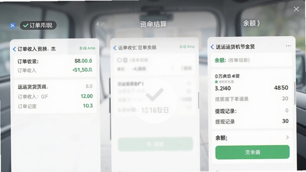 送货运货司机资金结算页面,显示订单收入、提现记录和余额,背景为手机支付成功界面,风格简洁明了