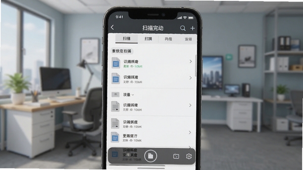 识档扫描软件运行在手机上的截图,背景是虚拟办公环境,界面显示扫描完成的文件列表,图片风格清晰简洁