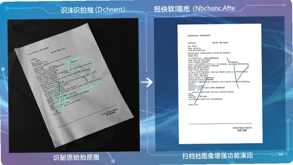 识档扫描图像增强功能演示图,左侧为拍摄的原始歪斜文档照片,右侧为经过软件处理后的平整清晰扫描件,对比效果明显,背景为渐变色科技感界面