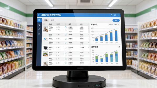 画面主体为一套现代化的超市收银管理界面,屏幕中清晰显示e群超市管理系统免费版的商品列表与库存图表,背景是整洁明亮的便利店货架,整体风格写实且具有科技感,突出软件的专业性与易用性,画面比例16:9