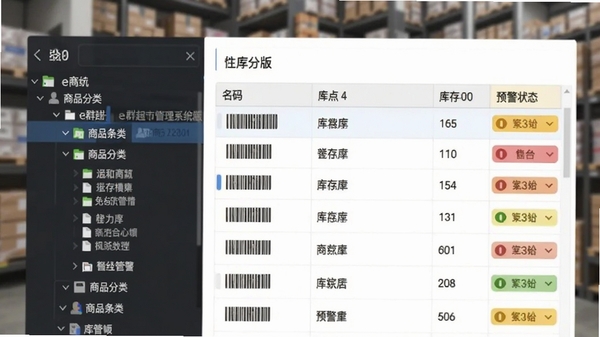 展示e群超市管理系统免费版后台库存管理界面的局部截图风格画面,左侧为商品分类树,右侧表格中罗列商品条码、名称、库存数量与预警状态,界面配色清爽,数据清晰可读,背景虚化处理,突出软件界面细节,16:9构图