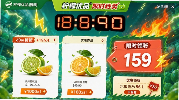 ������Ʒ��ʱ��ɱҳ�棬չʾ����ʱ���ۿ���Ʒ���Ż�ȯ��ȡ��ڣ�������ɫ�������۸��ǩ��Ŀ����������ͻ�����Ч��Ӫ��������Χ��������ϢŨ��
