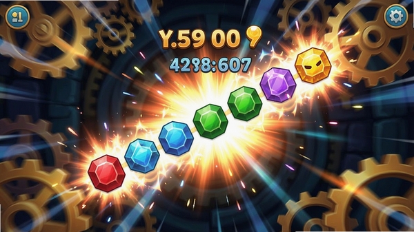 Puzzle Heist游戏内消除特效展示,多个同色宝石连成一线即将消除,屏幕上闪烁着炫目的光芒和分数飘字,背景是动态的机关齿轮,画面动感十足,充满张力