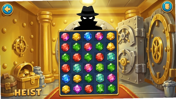 Puzzle Heist游戏主界面截图,画面中央是一个色彩鲜艳的宝石消除棋盘,背景是金碧辉煌的银行金库,主角大盗剪影站在棋盘后方,整体风格卡通明亮,细节丰富,竖版手机游戏画面