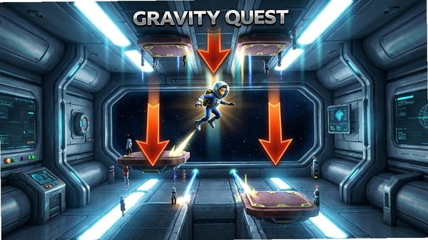 Gravity Quest游戏玩法示意图,展示角色在上下颠倒的平台上跳跃,重力箭头指示方向,背景为科幻空间站内部,光线明亮,细节丰富,突出重力反转的创意玩法