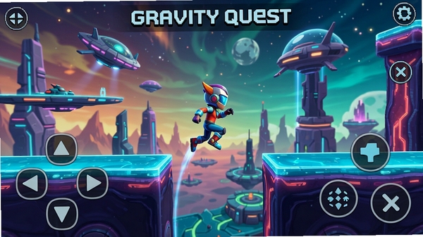 Gravity Quest操作界面截图,屏幕下方显示虚拟按键,角色在关卡中跳跃,画面清晰展示控制按钮布局,背景为色彩鲜艳的科幻场景,突出简洁易上手的操作方式