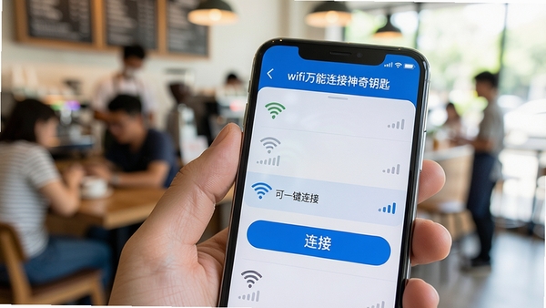 Close-up of a smartphone screen displaying a list of scanned wifi networks, with one network highlighted as '可一键连接'. The phone is held in a hand against a blurred background of a busy coffee shop. The interface shows signal strength bars and a prominent '连接' button. The screen displays the text 'wifi万能连接神奇钥匙'. Realistic style, sharp focus on the screen details, bright and airy atmosphere.