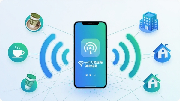 Create an illustration of a smartphone in the center, radiating glowing wifi signal waves outward, connecting to various icons of coffee shops, office buildings, and homes in the background. The overall style is clean, modern, and tech-savvy, with a dominant blue and green color palette to represent seamless connectivity. The app name 'wifi万能连接神奇钥匙' is displayed on the phone screen. Background is a soft gradient of light blue to white, with subtle network grid lines. High resolution, digital art style.