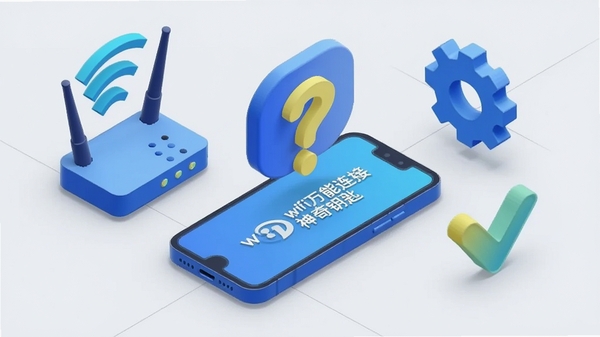 A 3D isometric illustration showing a smartphone with a question mark icon above it, surrounded by various troubleshooting elements like a wifi router, a settings gear, and a checkmark. The background is a clean light gray workspace with subtle grid lines. The illustration style is modern, with soft shadows and a blue and yellow accent color scheme. The text 'wifi万能连接神奇钥匙' is displayed on the phone screen.