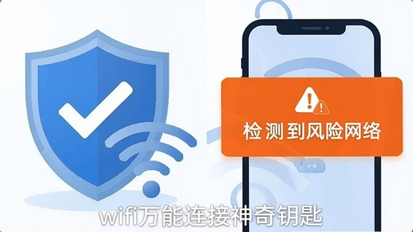 A split-screen illustration. Left side: a shield icon with a checkmark protecting a wifi signal. Right side: a smartphone showing a warning notification saying '检测到风险网络'. The overall tone is professional and security-focused, using colors of blue, white, and an alert orange. The text 'wifi万能连接神奇钥匙' appears as a watermark at the bottom. Flat vector illustration style.