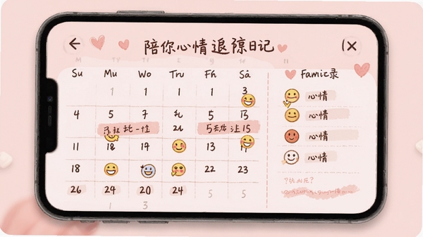 陪你软件心情日记功能界面,展示日历视图与心情表情标记,柔和粉色背景,手写风格字体,整体设计温馨细腻,体现情感记录与追踪的核心功能