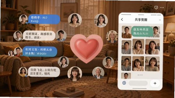 陪你应用密圈互动界面,展示多人对话与共享相册,背景为温馨的室内场景,人物头像围绕中心爱心排列,体现亲友间的亲密互动与情感连接