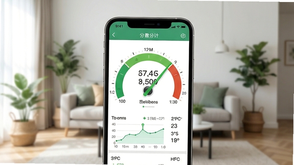 噪音分贝计手机软件主界面预览图,背景为现代简约客厅环境,画面中央展示噪音分贝计APP的实时分贝数值仪表盘,绿色指针指向舒适的噪音区间,界面清晰显示当前分贝数、时间曲线和温度数据,整体色调清新自然,构图突出手机屏幕,背景虚化处理