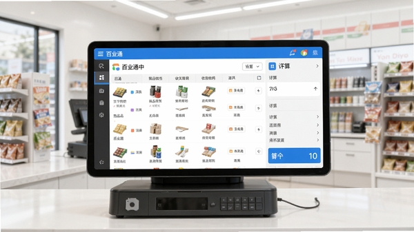 百业通中英文收银软件主界面预览图,展示整洁的收银台布局与清晰的功能分区,背景为现代简约风格的便利店收银场景,画面明亮,重点突出软件界面的商品列表与结算区域