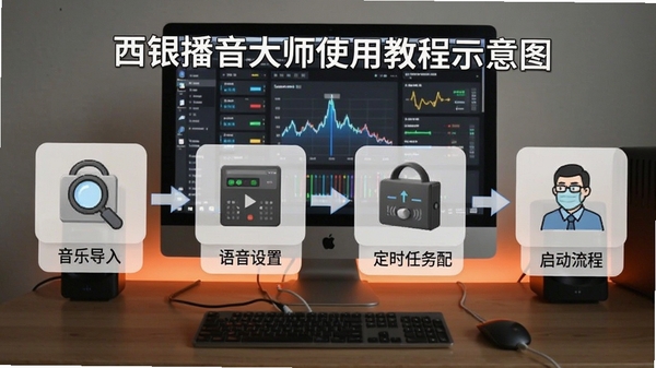 西银播音大师使用教程示意图,展示音乐导入、语音设置、定时任务配置及启动流程,背景为电脑桌面,画面清晰易懂