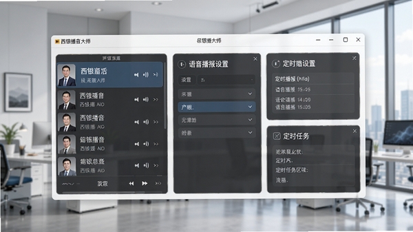 西银播音大师主界面预览图,展示软件音乐播放列表、语音播报设置面板与定时任务区域,整体界面简洁明亮,背景为现代办公环境,突出软件的专业性与实用性