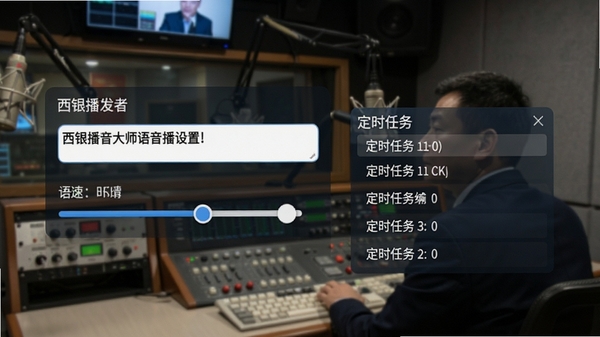 西银播音大师语音播报设置界面,展示文字输入框、语速调节滑块与定时任务列表,背景为广播电台控制室,体现自动化播报的专业氛围