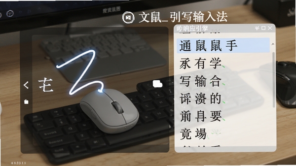 文通鼠标手写输入法识别引擎工作示意图,画面展示鼠标书写轨迹与候选汉字列表,强调识别精准度和响应速度,风格写实清晰。