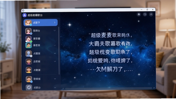 超级麦霸点歌台主界面预览图,画面展示一款运行在电脑桌面上的KTV点歌软件界面,左侧为歌曲分类列表,右侧为动态歌词显示区域,背景采用深蓝色星空主题,界面风格现代清晰,图标圆润,整体氛围轻松愉快,适合家庭娱乐场景,画面比例为16:9,主体为软件界面截图,背景为模糊的客厅环境
