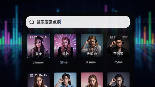 超级麦霸点歌台智能搜索功能预览图,画面聚焦于软件内的搜索框,输入歌手名字后,下方以列表形式展示出多首歌曲封面与名称,界面设计简洁,搜索响应迅速,背景为动态模糊的音乐频谱,整体色调明亮,突出高效与智能感,画面比例为16:9