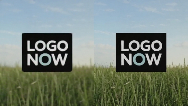 Remove Logo Now视频修复效果对比图,左侧为带有水印的原始视频画面,右侧为处理后的干净画面,背景草地和天空过渡自然,无模糊或色块残留