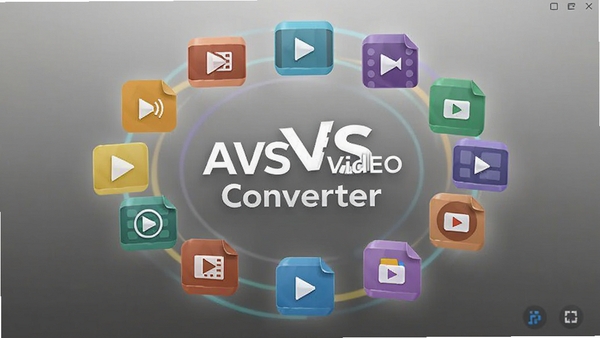 AVS Video Converter格式转换功能示意图,画面中央显示多种视频格式图标围绕软件名称,色彩丰富,背景为渐变灰色,突出格式兼容的多样性