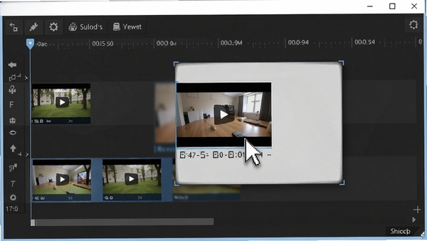 AVS Video ReMaker软件中拖拽视频片段调整顺序的操作界面,鼠标指针正在拖动一个带有缩略图的视频块,时间轴显示多个片段排列,界面清晰直观