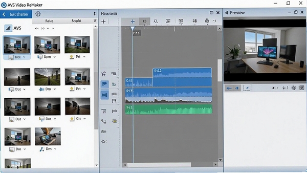AVS Video ReMaker主界面截图,左侧素材库,中间时间轴轨道,右侧预览窗口,整体界面布局清晰,蓝白配色,现代简约风格,高清细节