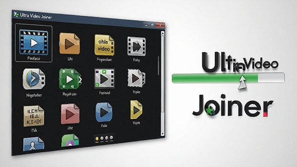 Ultra Video Joiner软件功能展示图,界面左侧显示多种视频格式图标,右侧为合并进度条,背景为浅灰色渐变,画面简洁专业,突出软件名称Ultra Video Joiner,产品展示角度,高清渲染
