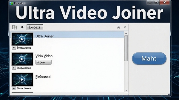 Ultra Video Joiner软件界面预览图,主窗口显示多个视频文件列表和合并按钮,背景为深蓝色科技感风格,整体画面清晰明亮,突出软件名称Ultra Video Joiner,产品展示角度,高清渲染