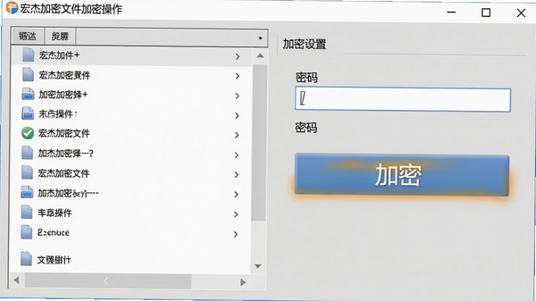 宏杰加密文件加密操作界面截图,左侧文件列表,右侧加密设置面板,密码输入框醒目,加密按钮高亮,背景为浅灰色干净风格