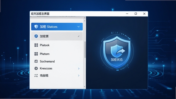 宏杰加密主界面展示,背景为深蓝色科技感渐变,前景展示软件主窗口,功能列表清晰可见,加密状态图标高亮显示,整体风格简洁专业